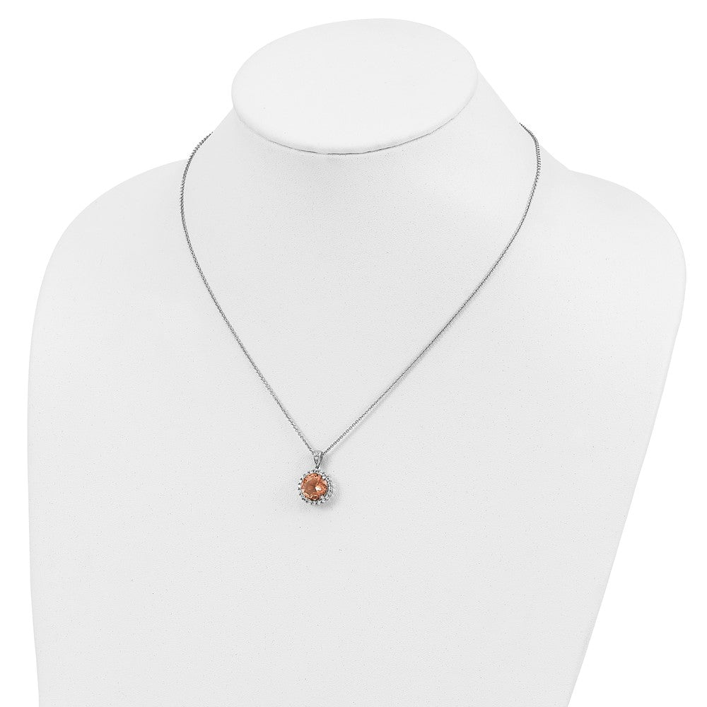 Sterling Silver Cheryl M Rhodium-Plated 100 Facet Simulated Morganite And White Brilliant-Cut Cz Halo 18 Inch Necklace