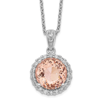 Sterling Silver Cheryl M Rhodium-Plated 100 Facet Simulated Morganite And White Brilliant-Cut Cz Halo 18 Inch Necklace
