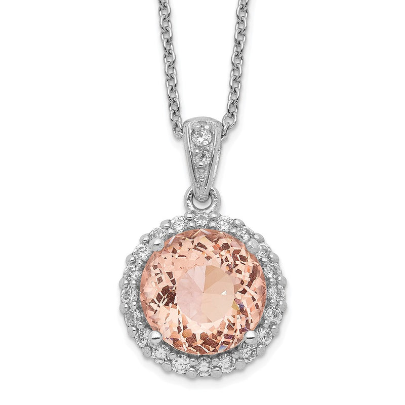 Sterling Silver Cheryl M Rhodium-Plated 100 Facet Simulated Morganite And White Brilliant-Cut Cz Halo 18 Inch Necklace