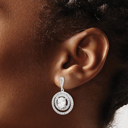 Sterling Silver Circle Cz Dangle Post Earrings