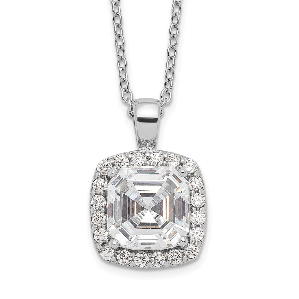 Sterling Silver Cheryl M Rhodium-Plated Asscher-Cut And Brilliant-Cut Cz Halo 18 Inch Necklace
