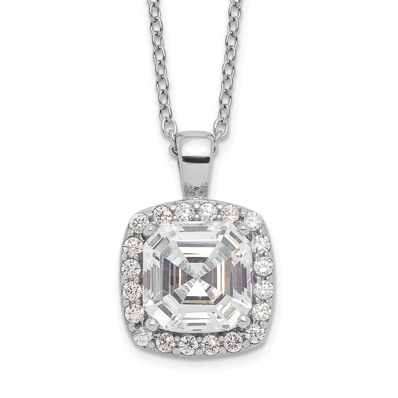Sterling Silver Cheryl M Rhodium-Plated Asscher-Cut And Brilliant-Cut Cz Halo 18 Inch Necklace