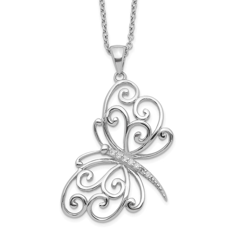 Sterling Silver Cheryl M Rhodium-Plated Brilliant-Cut Cz Butterfly 18 Inch Necklace