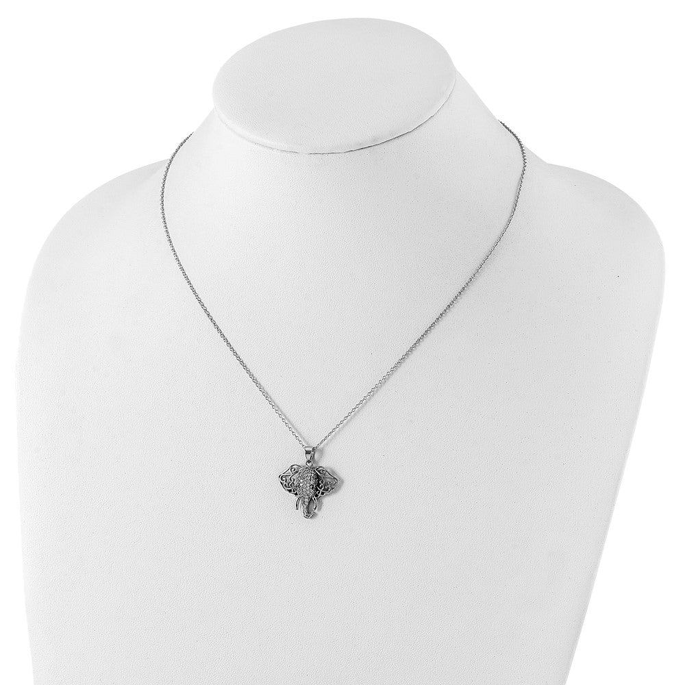 Sterling Silver Cheryl M Rhodium-Plated Brilliant-Cut Black And White Cz Filigree Elephant 18 Inch Necklace
