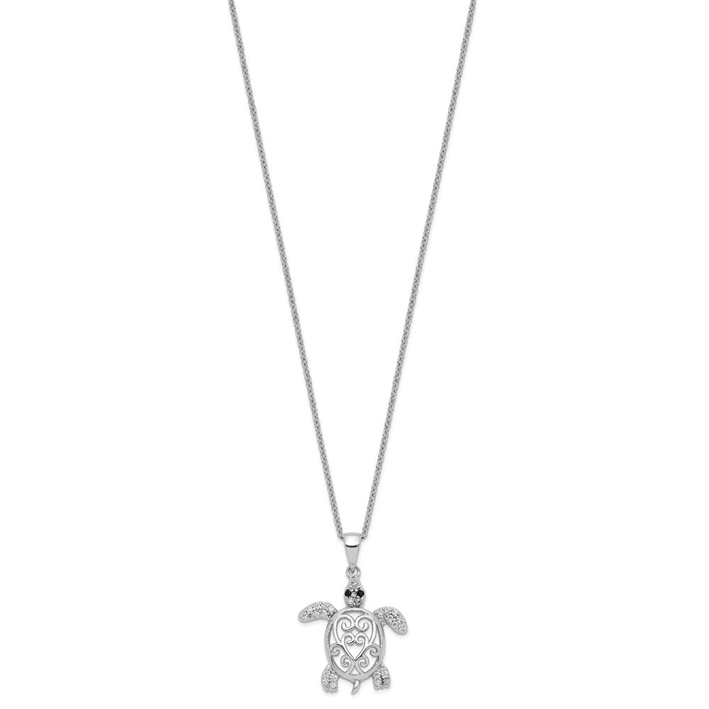 Sterling Silver Cheryl M Rhodium-Plated Brilliant-Cut Black Glass And White Cz Filigree Turtle 18 Inch Necklace