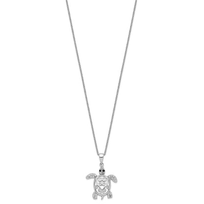 Sterling Silver Cheryl M Rhodium-Plated Brilliant-Cut Black Glass And White Cz Filigree Turtle 18 Inch Necklace