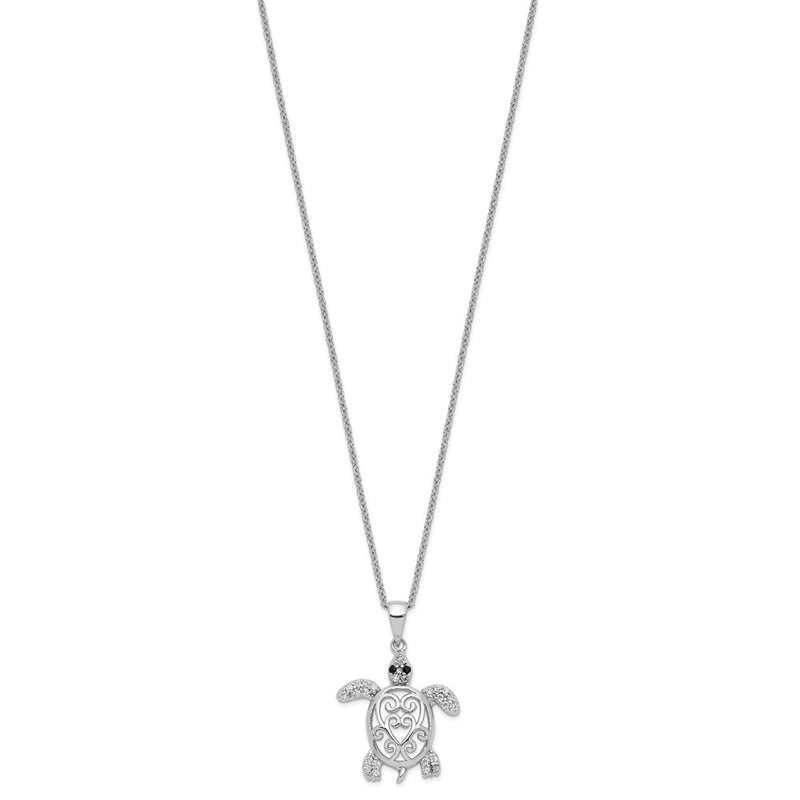 Sterling Silver Cheryl M Rhodium-Plated Brilliant-Cut Black Glass And White Cz Filigree Turtle 18 Inch Necklace