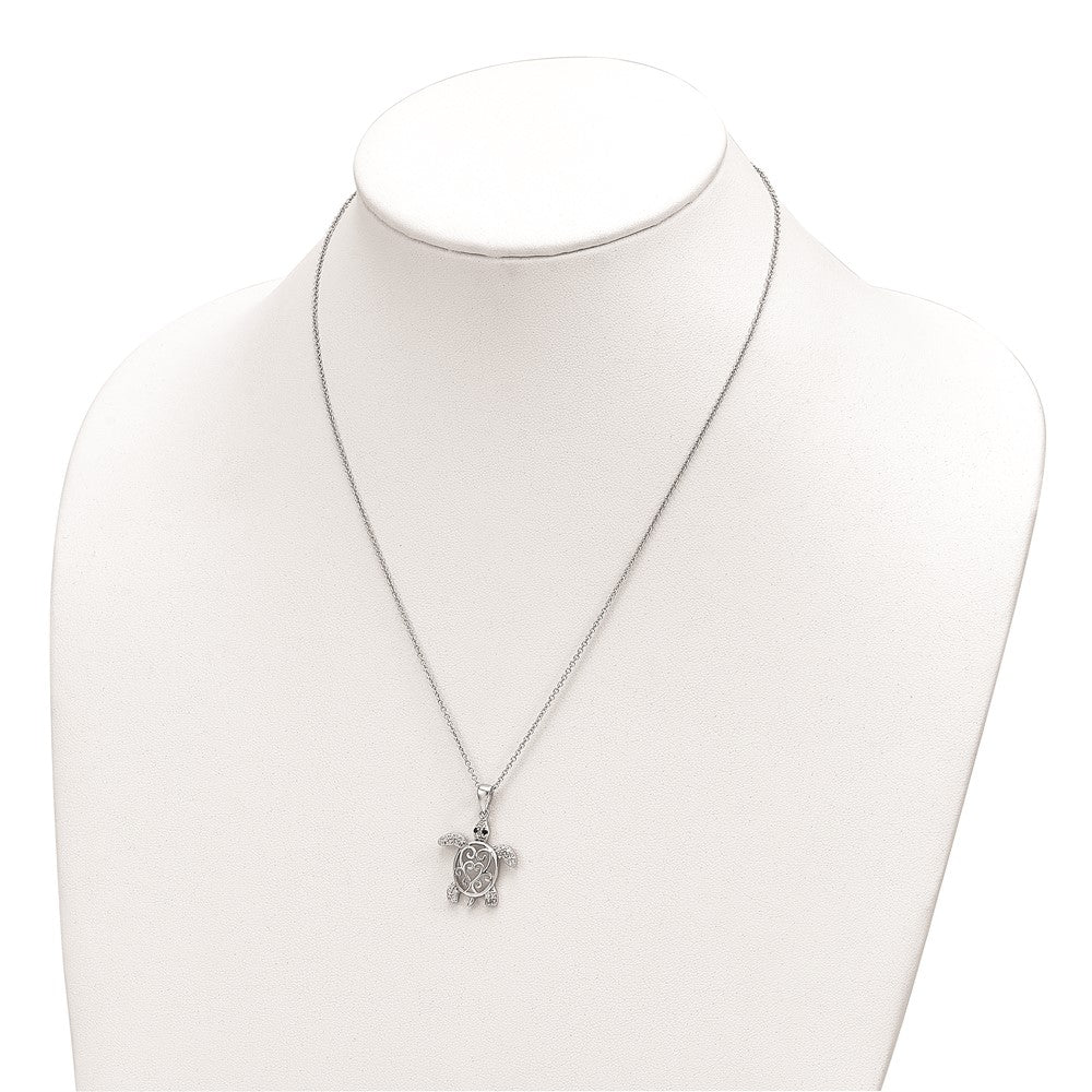 Sterling Silver Cheryl M Rhodium-Plated Brilliant-Cut Black Glass And White Cz Filigree Turtle 18 Inch Necklace