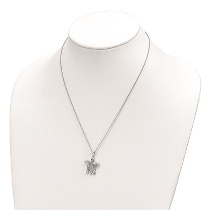 Sterling Silver Cheryl M Rhodium-Plated Brilliant-Cut Black Glass And White Cz Filigree Turtle 18 Inch Necklace