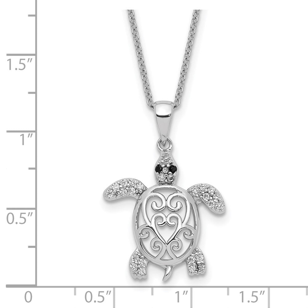 Sterling Silver Cheryl M Rhodium-Plated Brilliant-Cut Black Glass And White Cz Filigree Turtle 18 Inch Necklace