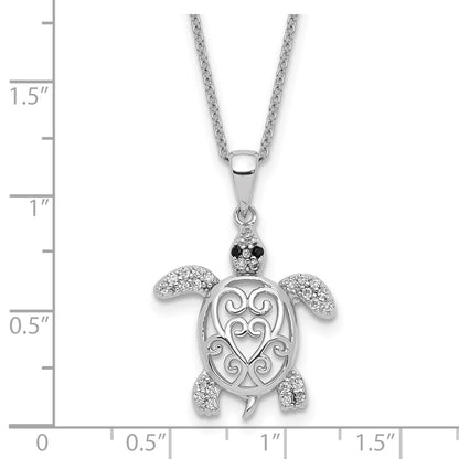 Sterling Silver Cheryl M Rhodium-Plated Brilliant-Cut Black Glass And White Cz Filigree Turtle 18 Inch Necklace