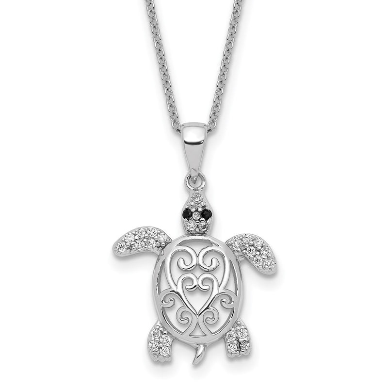Sterling Silver Cheryl M Rhodium-Plated Brilliant-Cut Black Glass And White Cz Filigree Turtle 18 Inch Necklace
