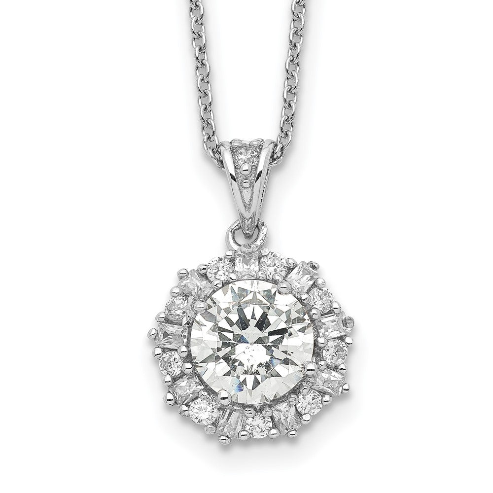Sterling Silver Cheryl M Rhodium-Plated Brilliant-Cut And Emerald-Cut Cz Halo 18 Inch Necklace