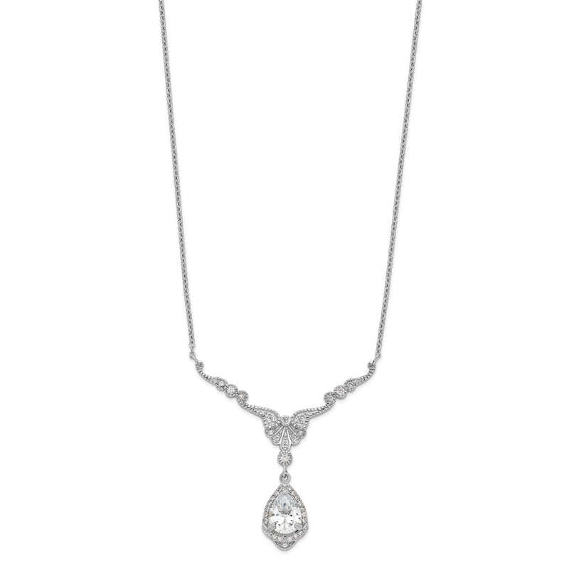 Sterling Silver Cheryl M Rhodium-Plated Fancy Brilliant-Cut Cz Teardrop Dangle 16 Inch Necklace With 2.25 Extender