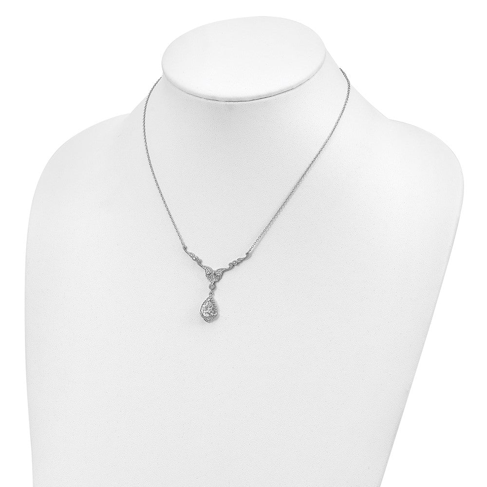 Sterling Silver Cheryl M Rhodium-Plated Fancy Brilliant-Cut Cz Teardrop Dangle 16 Inch Necklace With 2.25 Extender