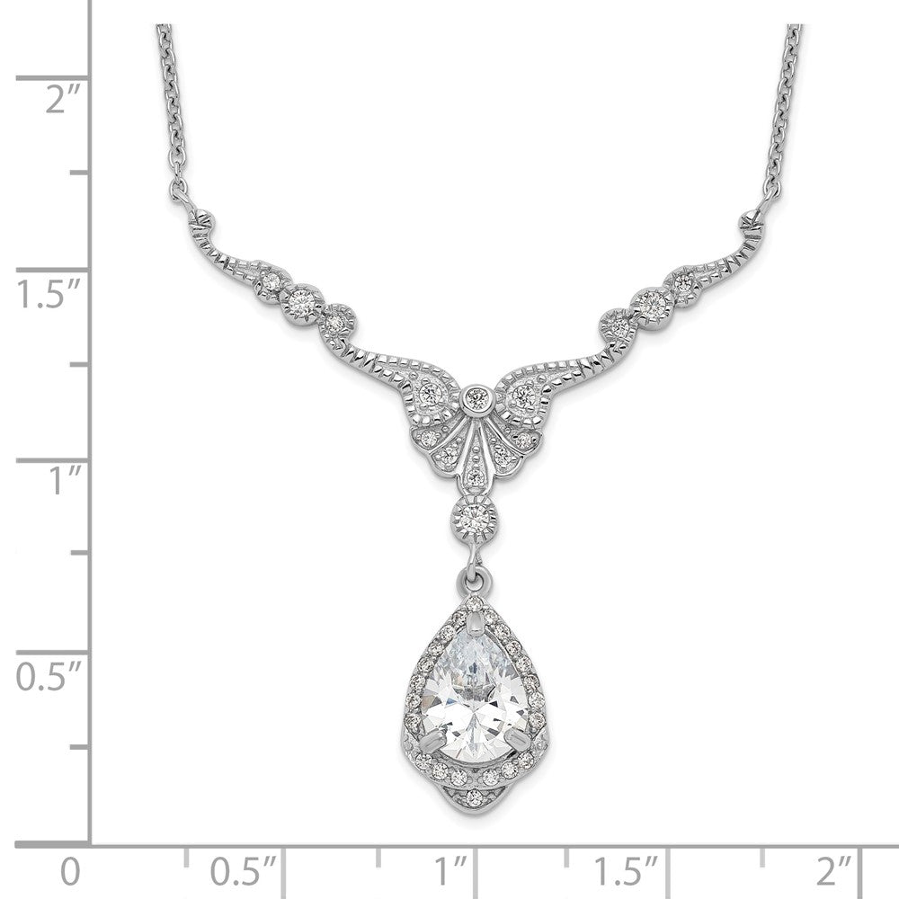 Sterling Silver Cheryl M Rhodium-Plated Fancy Brilliant-Cut Cz Teardrop Dangle 16 Inch Necklace With 2.25 Extender