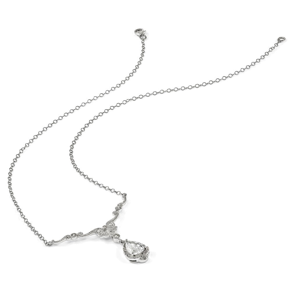 Sterling Silver Cheryl M Rhodium-Plated Fancy Brilliant-Cut Cz Teardrop Dangle 16 Inch Necklace With 2.25 Extender