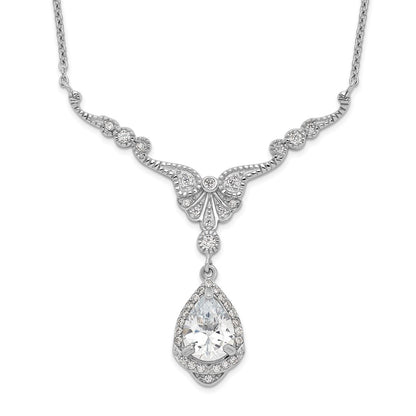 Sterling Silver Cheryl M Rhodium-Plated Fancy Brilliant-Cut Cz Teardrop Dangle 16 Inch Necklace With 2.25 Extender