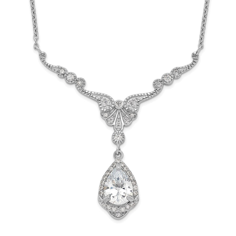 Sterling Silver Cheryl M Rhodium-Plated Fancy Brilliant-Cut Cz Teardrop Dangle 16 Inch Necklace With 2.25 Extender