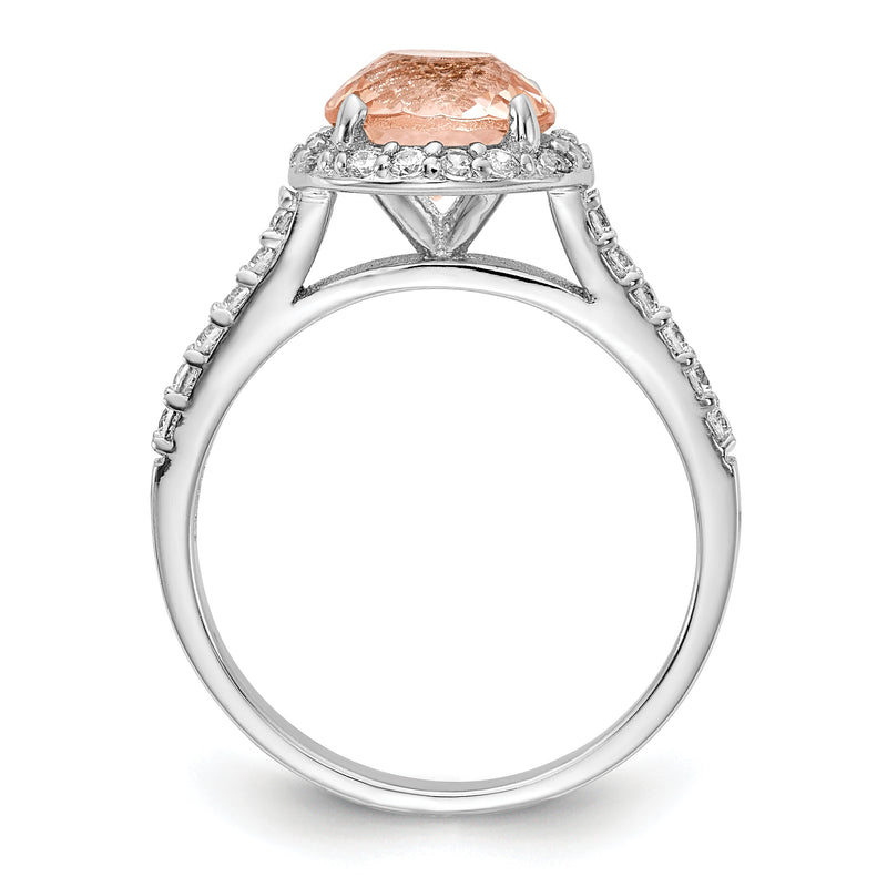 Sterling Silver Cheryl M Rhodium-Plated 100 Facet Simulated Morganite And White Brilliant-Cut Cz Halo Ring
