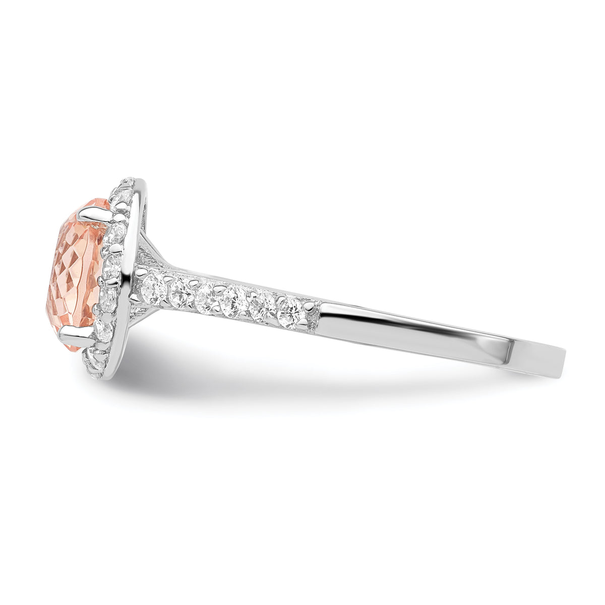 Sterling Silver Cheryl M Rhodium-Plated 100 Facet Simulated Morganite And White Brilliant-Cut Cz Halo Ring