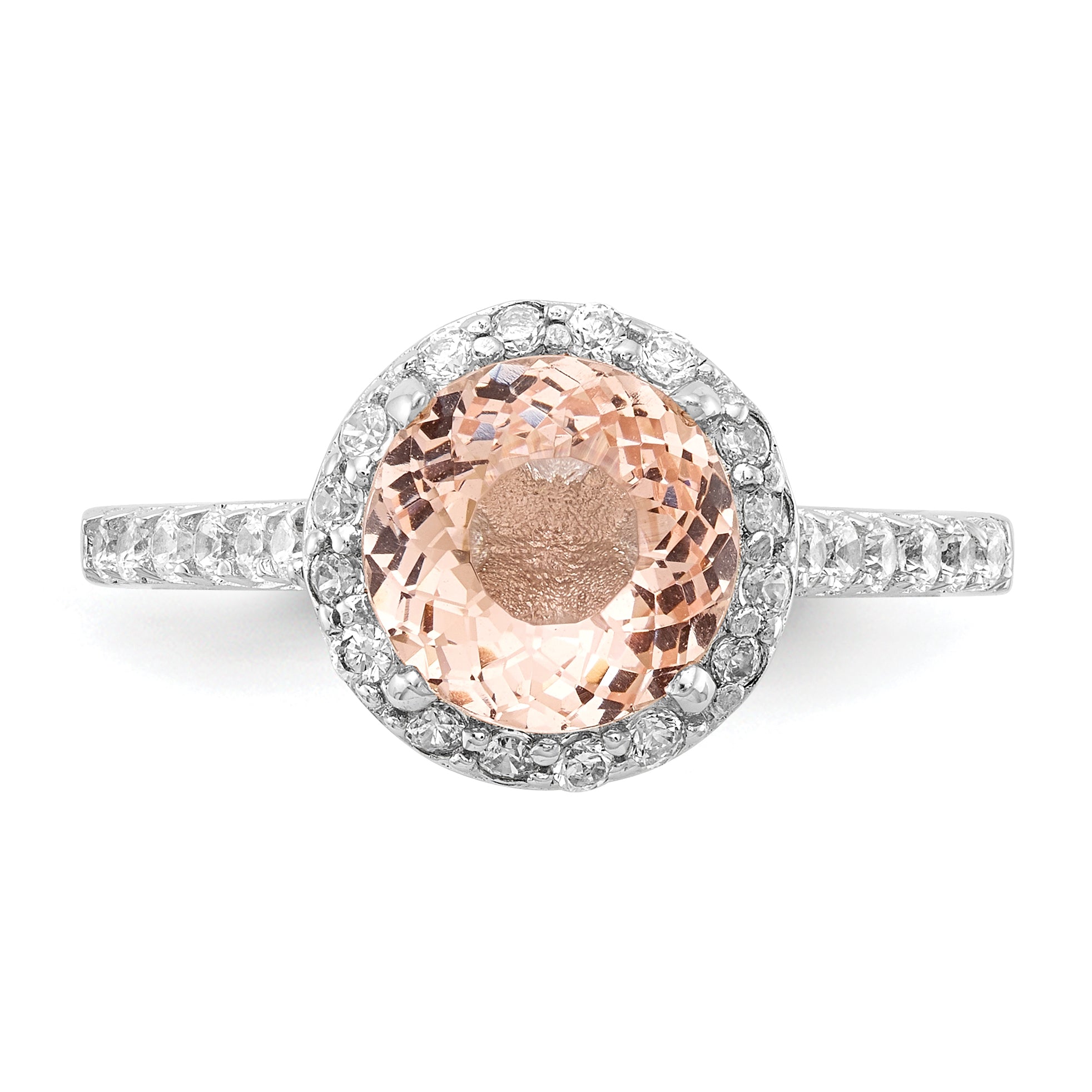 Sterling Silver Cheryl M Rhodium-Plated 100 Facet Simulated Morganite And White Brilliant-Cut Cz Halo Ring
