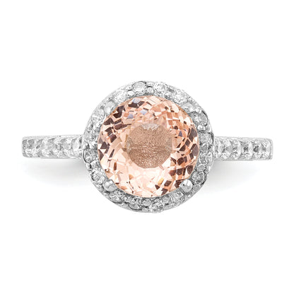 Sterling Silver Cheryl M Rhodium-Plated 100 Facet Simulated Morganite And White Brilliant-Cut Cz Halo Ring