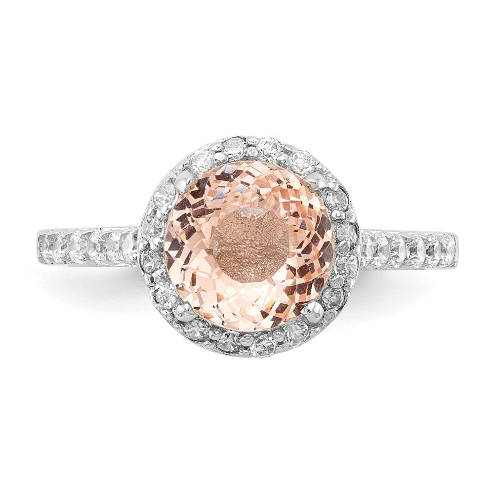 Sterling Silver Cheryl M Rhodium-Plated 100 Facet Simulated Morganite And White Brilliant-Cut Cz Halo Ring