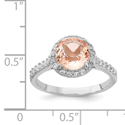 Sterling Silver Cheryl M Rhodium-Plated 100 Facet Simulated Morganite And White Brilliant-Cut Cz Halo Ring