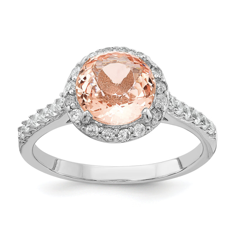 Sterling Silver Cheryl M Rhodium-Plated 100 Facet Simulated Morganite And White Brilliant-Cut Cz Halo Ring