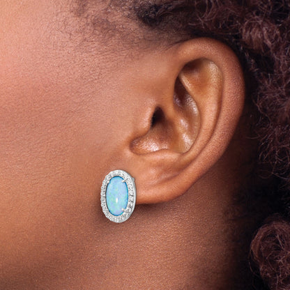 Sterling Silver Cheryl M Rhodium-Plated Cabochon Lab Created Blue Opal And Brilliant-Cut Cz Oval Post Earrings