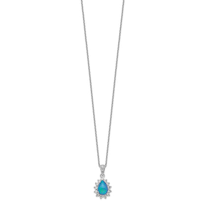 Sterling Silver Cheryl M Rhodium-Plated Cabochon Lab Created Blue Opal And Brilliant-Cut Cz Pear 18 Inch Necklace