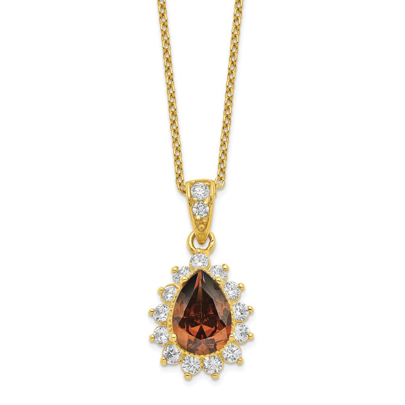Sterling Silver Cheryl M Gold-Plated Brown And White Brilliant-Cut Cz Teardrop 18.5 Inch Necklace