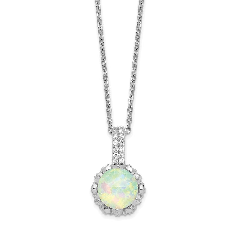 Sterling Silver Cheryl M Rhodium-Plated Cabochon Lab Created Opal And Brilliant-Cut Cz 18.5 Inch Necklace