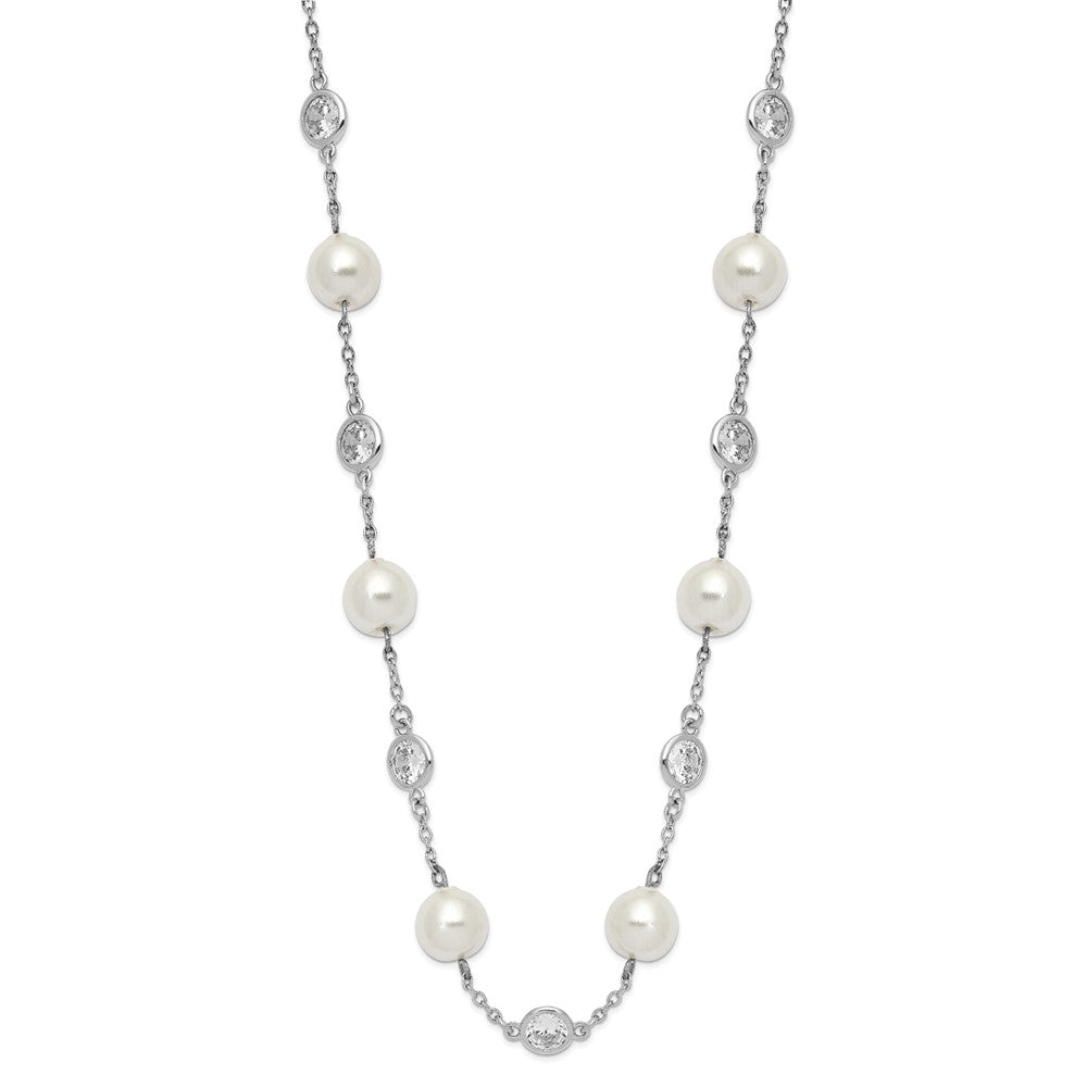 Sterling Silver Cheryl M Rhodium-Plated Glass Pearl And Brilliant-Cut Cz Bezel Station 18.25 Inch Necklace