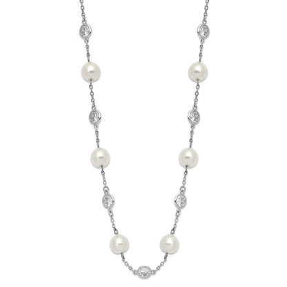 Sterling Silver Cheryl M Rhodium-Plated Glass Pearl And Brilliant-Cut Cz Bezel Station 18.25 Inch Necklace