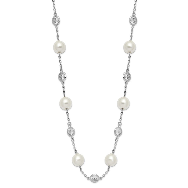 Sterling Silver Cheryl M Rhodium-Plated Glass Pearl And Brilliant-Cut Cz Bezel Station 18.25 Inch Necklace