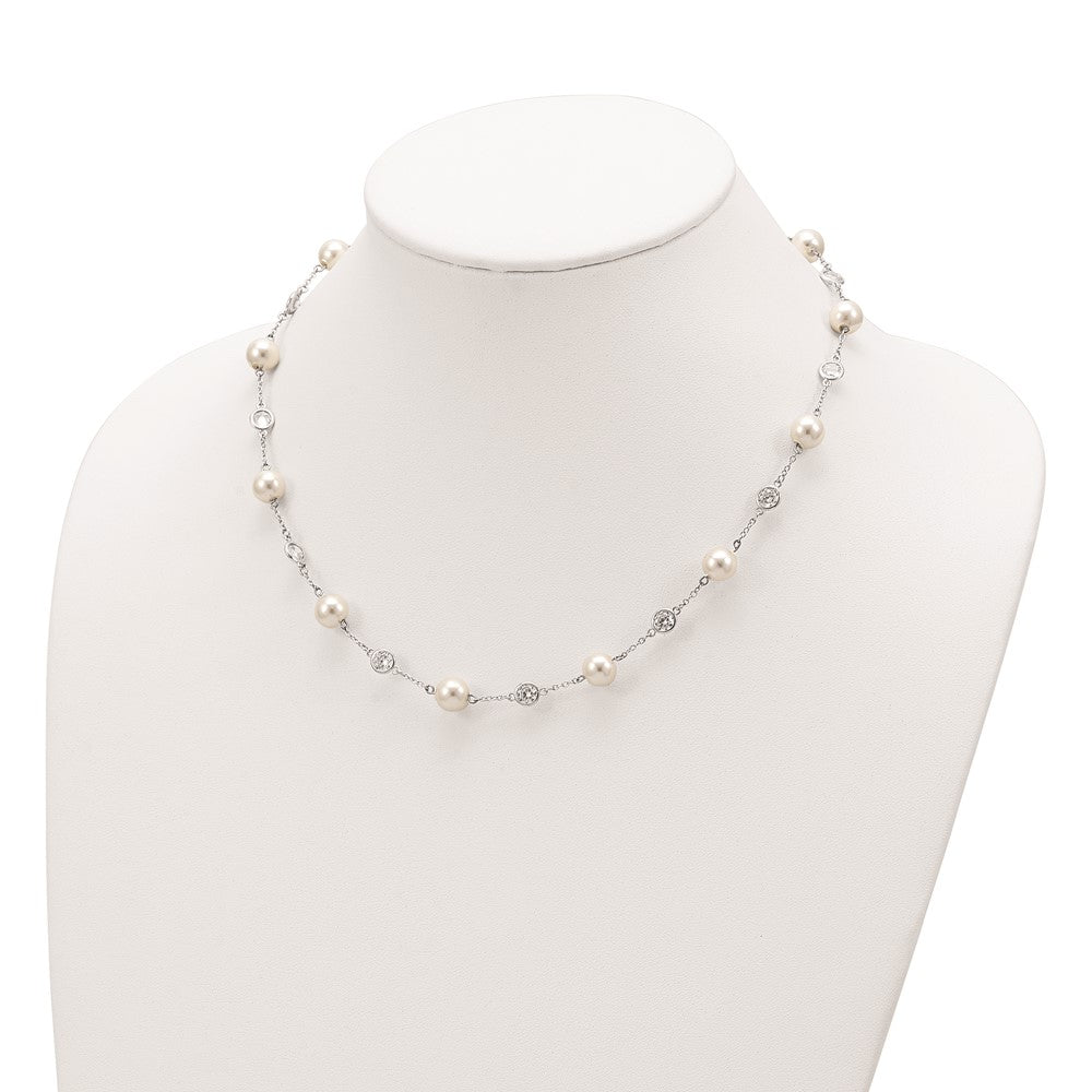 Sterling Silver Cheryl M Rhodium-Plated Glass Pearl And Brilliant-Cut Cz Bezel Station 18.25 Inch Necklace