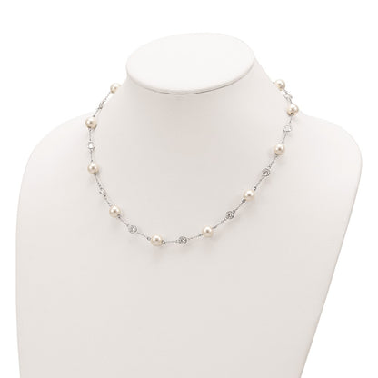 Sterling Silver Cheryl M Rhodium-Plated Glass Pearl And Brilliant-Cut Cz Bezel Station 18.25 Inch Necklace