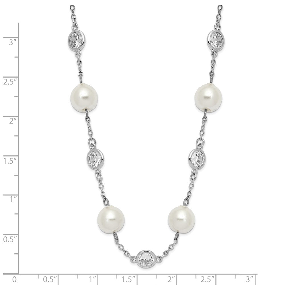 Sterling Silver Cheryl M Rhodium-Plated Glass Pearl And Brilliant-Cut Cz Bezel Station 18.25 Inch Necklace