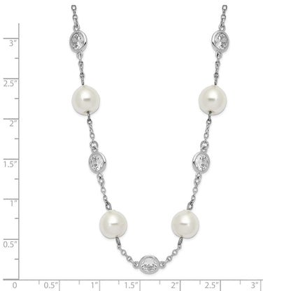Sterling Silver Cheryl M Rhodium-Plated Glass Pearl And Brilliant-Cut Cz Bezel Station 18.25 Inch Necklace