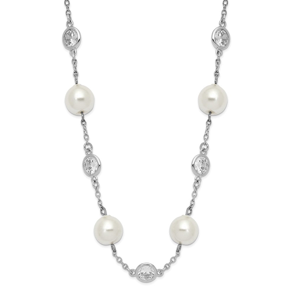Sterling Silver Cheryl M Rhodium-Plated Glass Pearl And Brilliant-Cut Cz Bezel Station 18.25 Inch Necklace