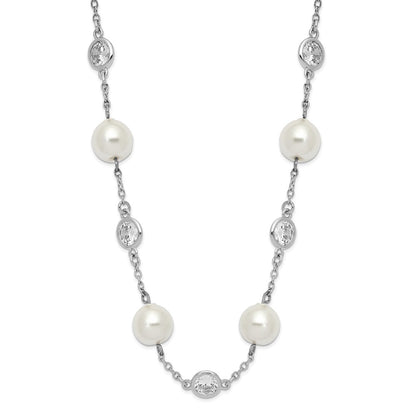 Sterling Silver Cheryl M Rhodium-Plated Glass Pearl And Brilliant-Cut Cz Bezel Station 18.25 Inch Necklace