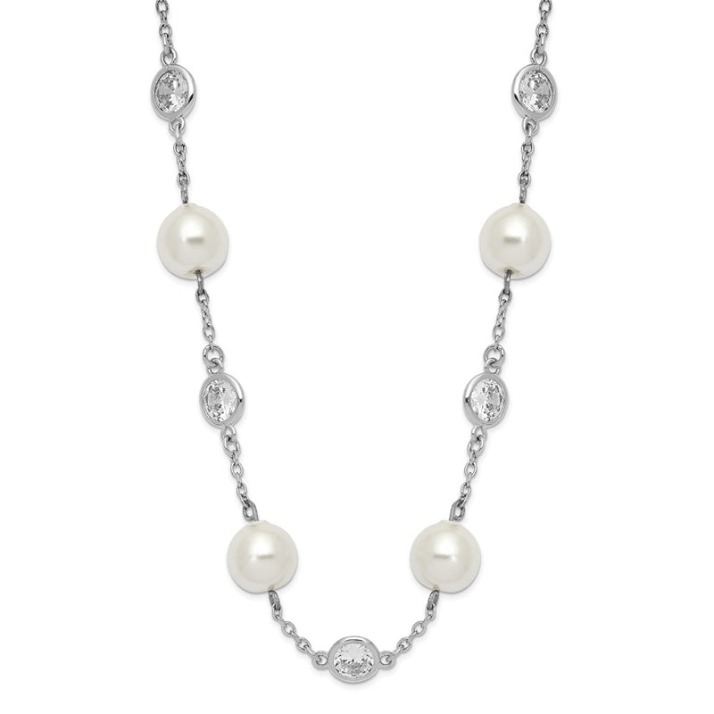 Sterling Silver Cheryl M Rhodium-Plated Glass Pearl And Brilliant-Cut Cz Bezel Station 18.25 Inch Necklace