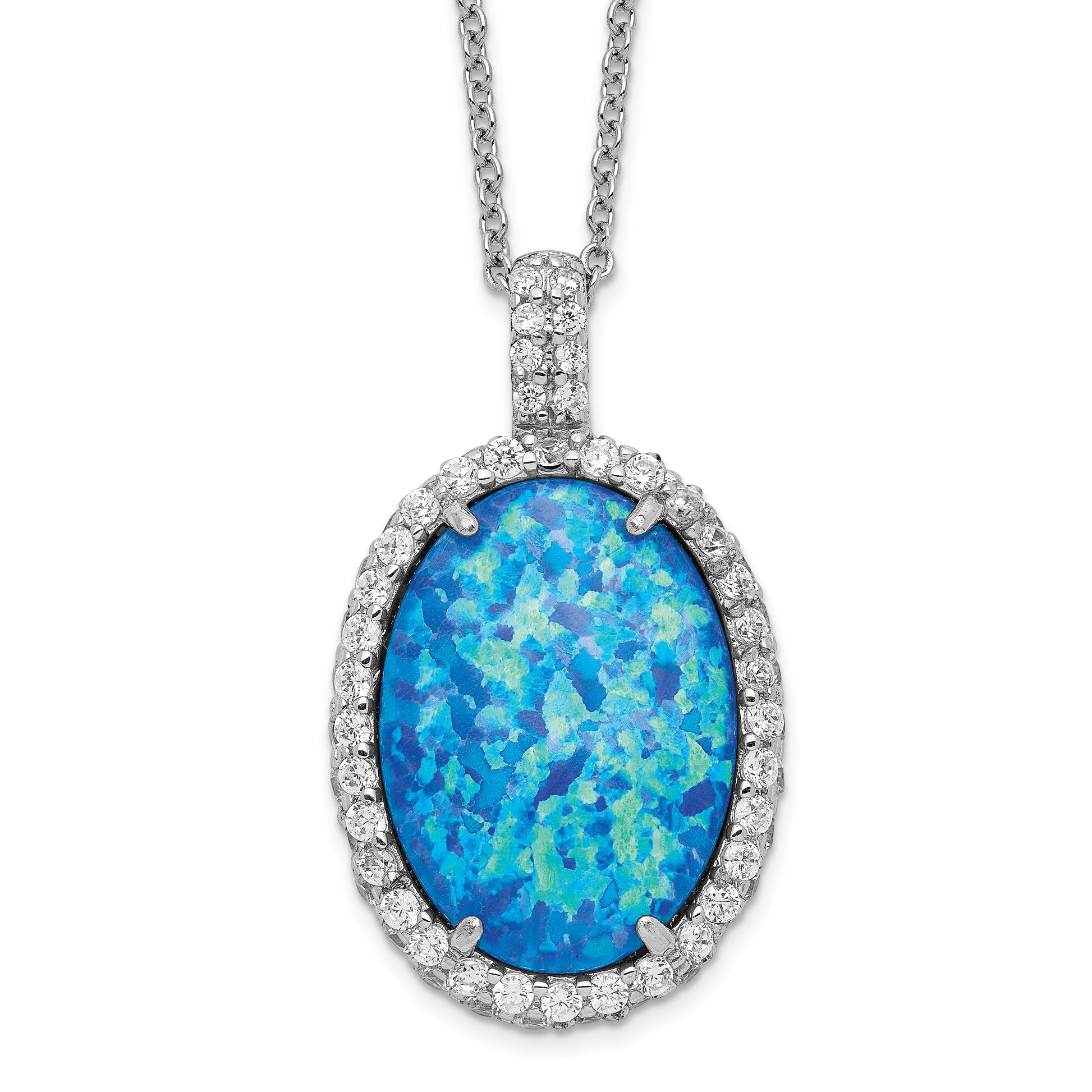 Cheryl M Sterling Silver Blue Oval Opal & CZ Pendant Necklace Cheryl M Sterling Silver Blue Oval Opal & CZ Pendant Necklace