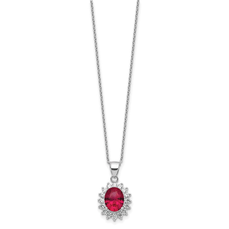 Sterling Silver Cheryl M Rhodium-Plated Brilliant-Cut Lab Created Ruby And White Cz Oval Halo 18.25 Inch Necklace