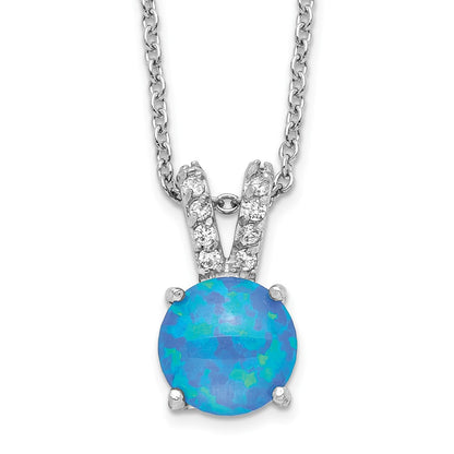 Sterling Silver Cheryl M Rhodium-Plated Cabochon Lab Created Blue Opal And Brilliant-Cut Cz Split Bail 18.5 Inch Necklace
