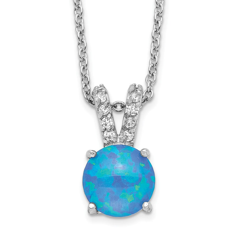 Sterling Silver Cheryl M Rhodium-Plated Cabochon Lab Created Blue Opal And Brilliant-Cut Cz Split Bail 18.5 Inch Necklace