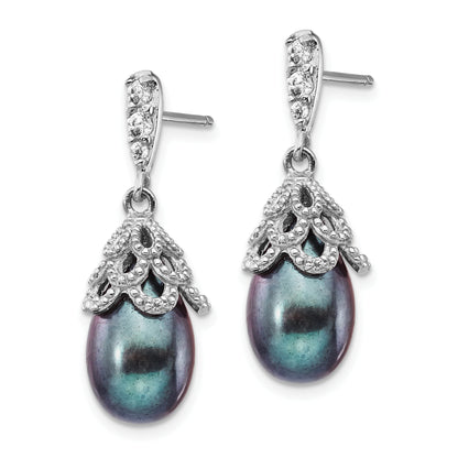 Sterling Silver Cheryl M Rhodium-Plated Black Teardrop Freshwater Cultured Pearl And Brilliant-Cut Cz Post Dangle Earrings