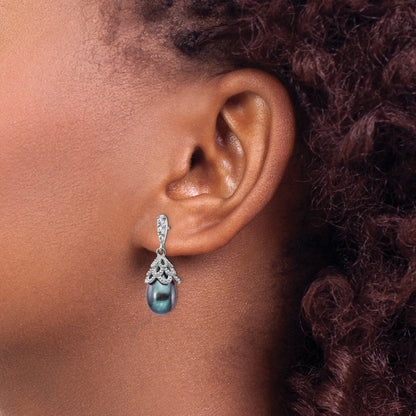 Sterling Silver Cheryl M Rhodium-Plated Black Teardrop Freshwater Cultured Pearl And Brilliant-Cut Cz Post Dangle Earrings